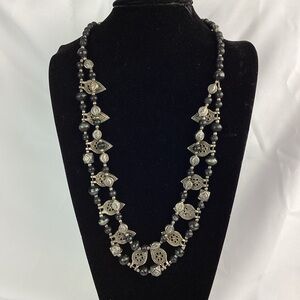 Silver Leaf Charm and Wood Handcrafted Double Strand Necklace from India